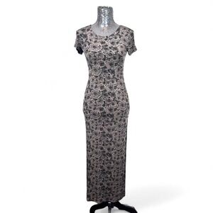 Vintage 90s Grunge‎ Mesh Brown Floral Short Sleeve Bodycon Maxi Dress XS/Small
